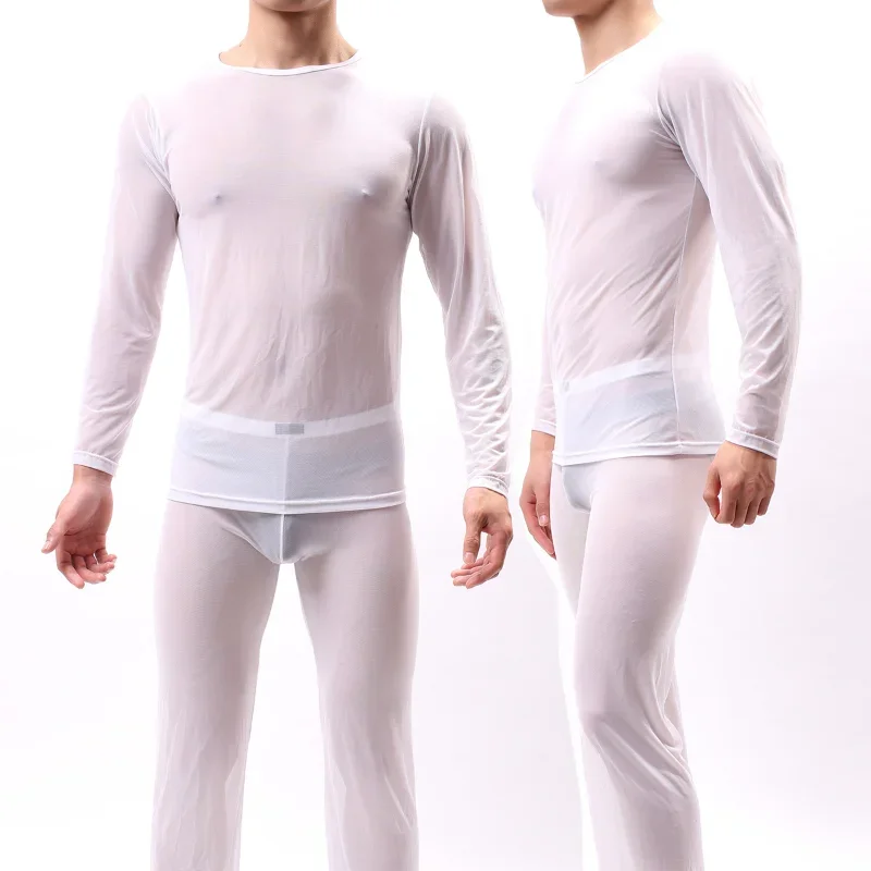 Men Sexy Pajamas Suit Ice Silk Ultra-Thin Perspective Undershirt Pants Home Clothes Suit Gauze High Elastic Night Club Wear pajamas set,silk pajamas,man pajamas set