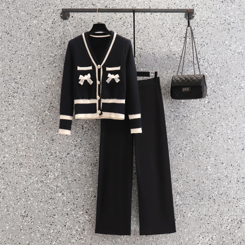 

Женский трикотажный Костюм-двойка, кардиган с бантом, куртка и брюки, модная зимняя одежда, 2023