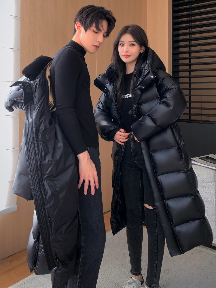 Men's Women Thick Winter Warm X-long Jackets 90% White Goose Down Couple Hooded Coat