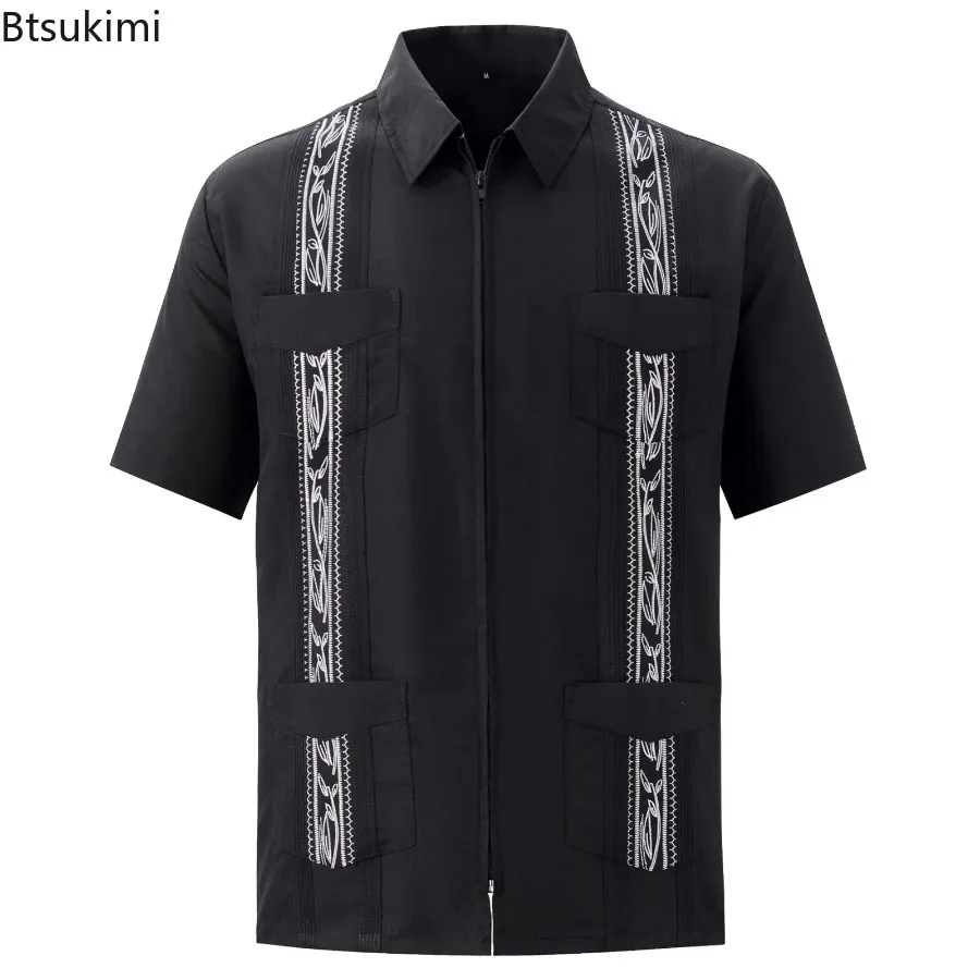Zipper Men's Guayabera Shirts Clothing Four Pocket Embroidered Traditional Short Sleeve Shirts For Men Mexican Cuban casual short sleeved shirt short sleeved shirt