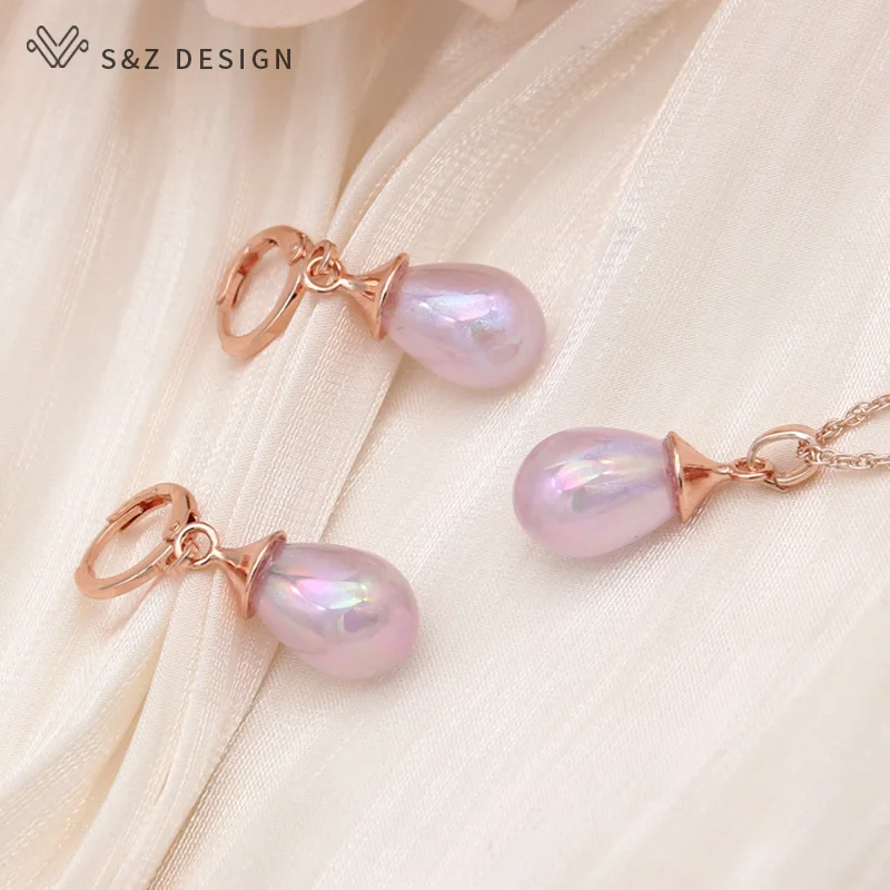 S&Z DESIGN New Fashion Colorful Water Drop Simulated-pearl Dangle Earrings Jewelry Sets For Women Wedding Pendant Necklace Gift