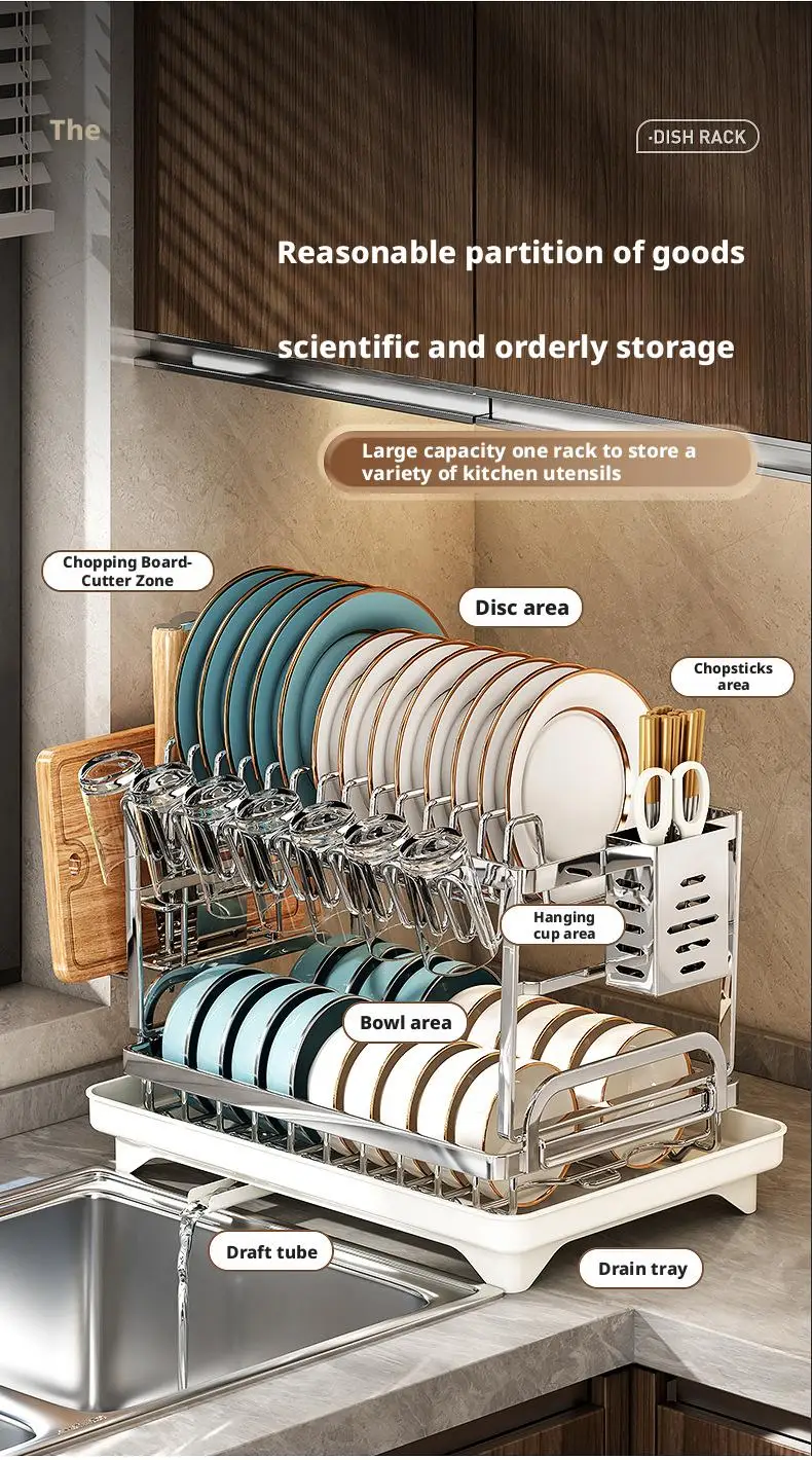 Dish Drying Rack - 2 Tier Stainless Steel Over Sink Shelf with Utensil Holder