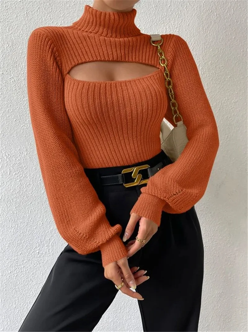 Hollow Out Knit Sweater Pullover For Women Turtleneck Fashion Ribbed High Street Long Sleeve Knitwear Loose Sweater Female
