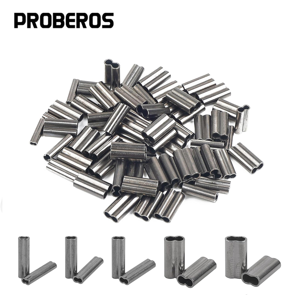 PRO BEROS 50Pcs Copper Double Barrel Crimp Sleeves Fishing Line Tube Connectors Crimping Loop for Leader Rigging Ferrule 0.8-2.0