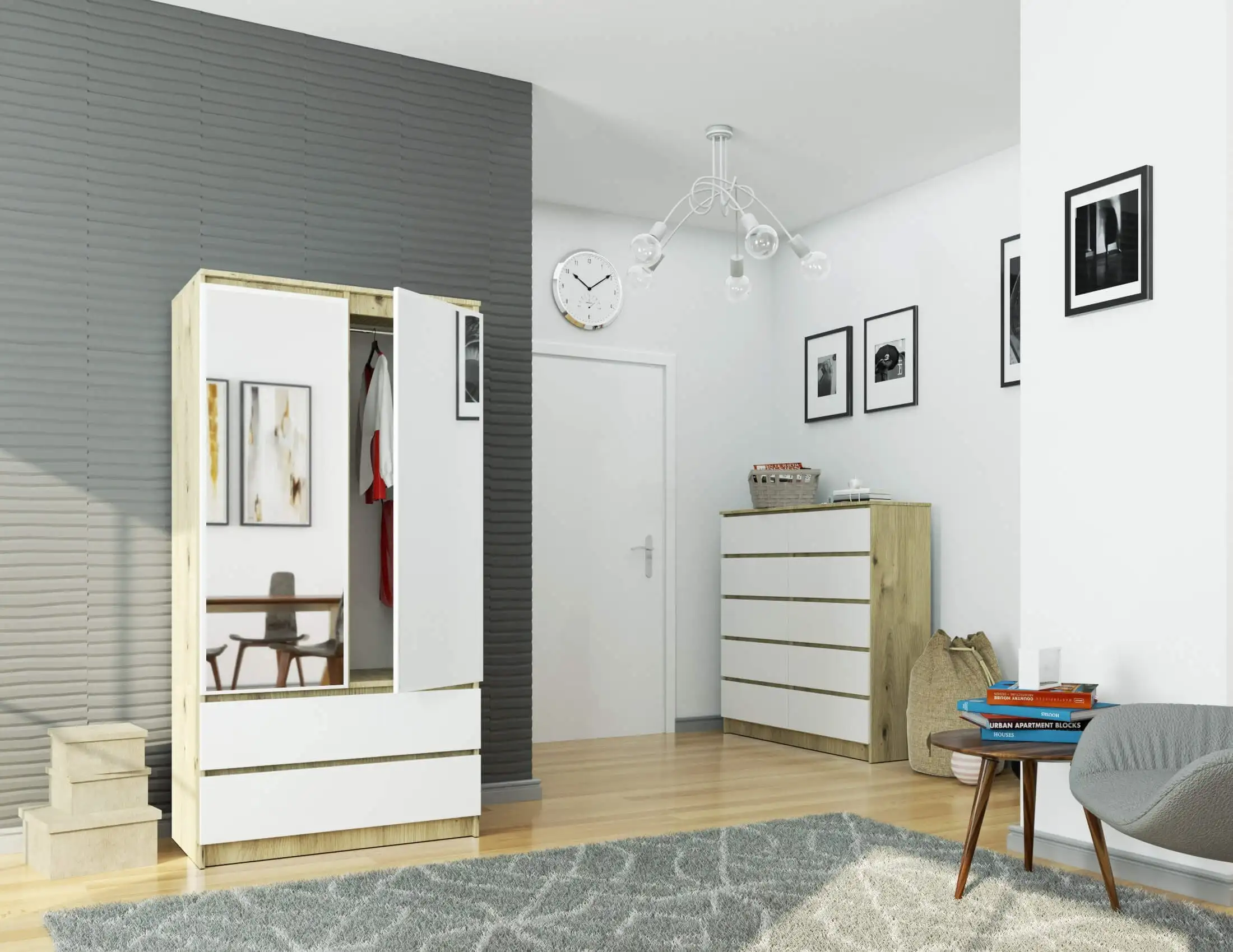 Szafa AKORD S90 Dąb Artisan 90 cm z lustrem 2 drzwi 2 szuflady kolor Biały mat 4 półki 90x51x180 cm - Sklep.akord.net.pl - AKORD Meble
