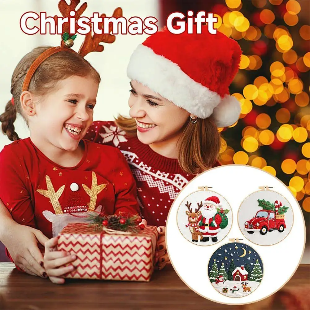 Embroidery Christmas Ornament Kits Stamped Festive Craft Supplies Beginners Embroidery Set Including Hoop For Women Girls Mom