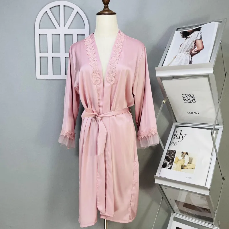 Lace Edge Robe Home Clothes Women Solid Color Sleepdress Ice Silk Home