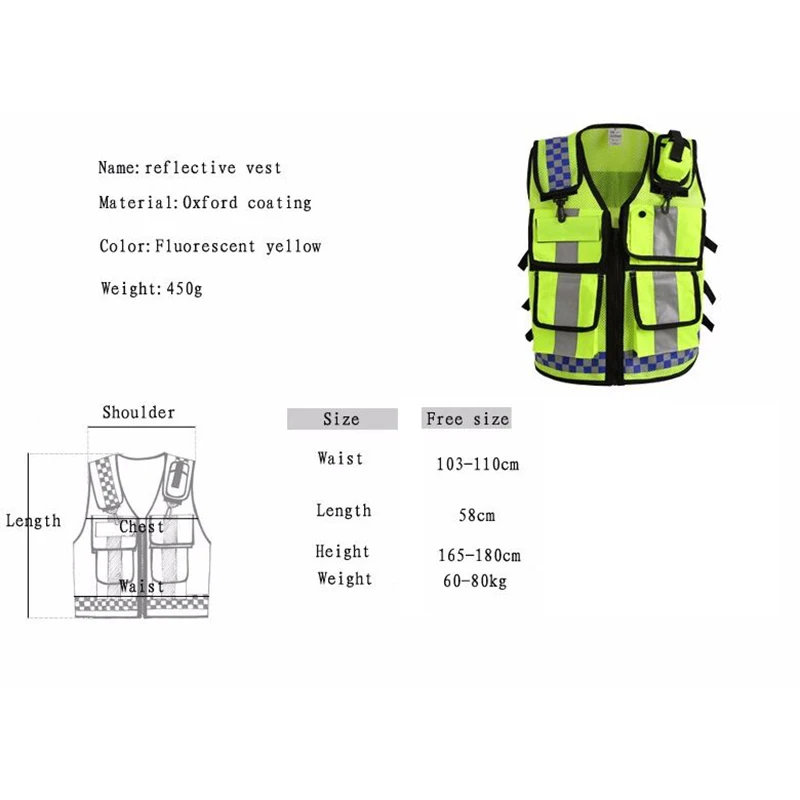 Motorcycle HONGKONG STYLE Reflective Vest Lattice Screen Cloth Safety Vest Traffic Police Zipper Reflective vest