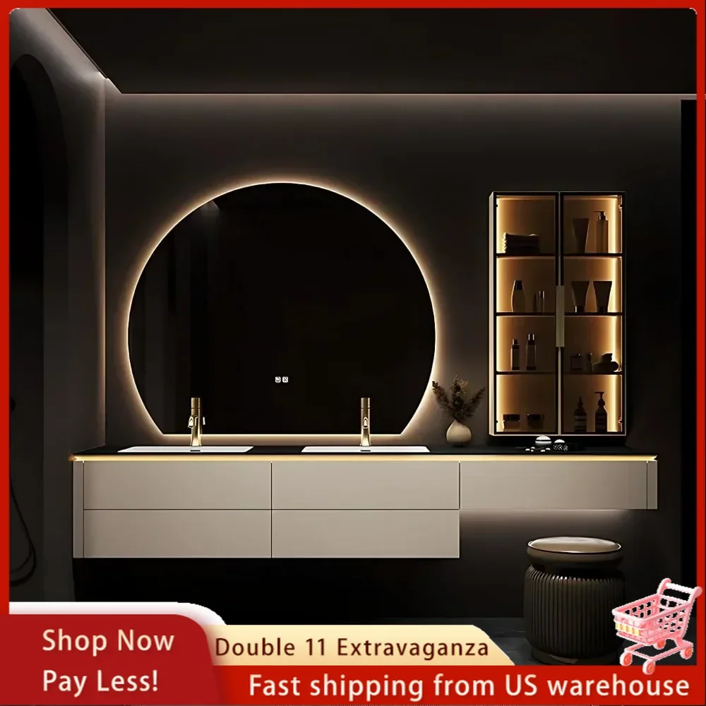 Bathroom Vanity with Sink-Double Sink Bathroom Vanity Combination Set, Modern Floating & LED Demister Mirror