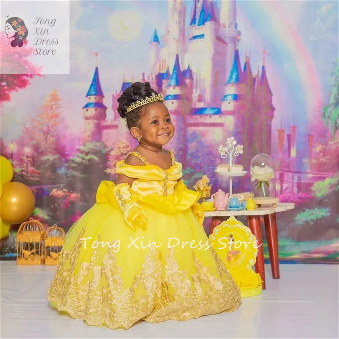 

yellow lace crystals flower girl dresses princess ball gown little girl wedding dresses cheap communion pageant dresses gown