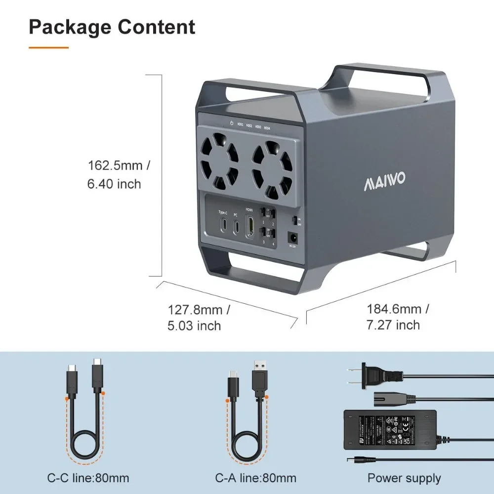 MAIWO 4베이 하드 드라이브 인클로저 USB-C 10Gbps 속도 알루미늄 3.5인치 HDD/SSD 외장 SATA 드라이브 박스 HDMI UASPe 포함