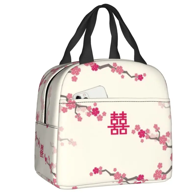 

Cherry Blossoms On Cream And Chinese Wedding Double Happiness Lunch Bag Japanese Sakura Warm Cooler Lunch Boxes for Kids School