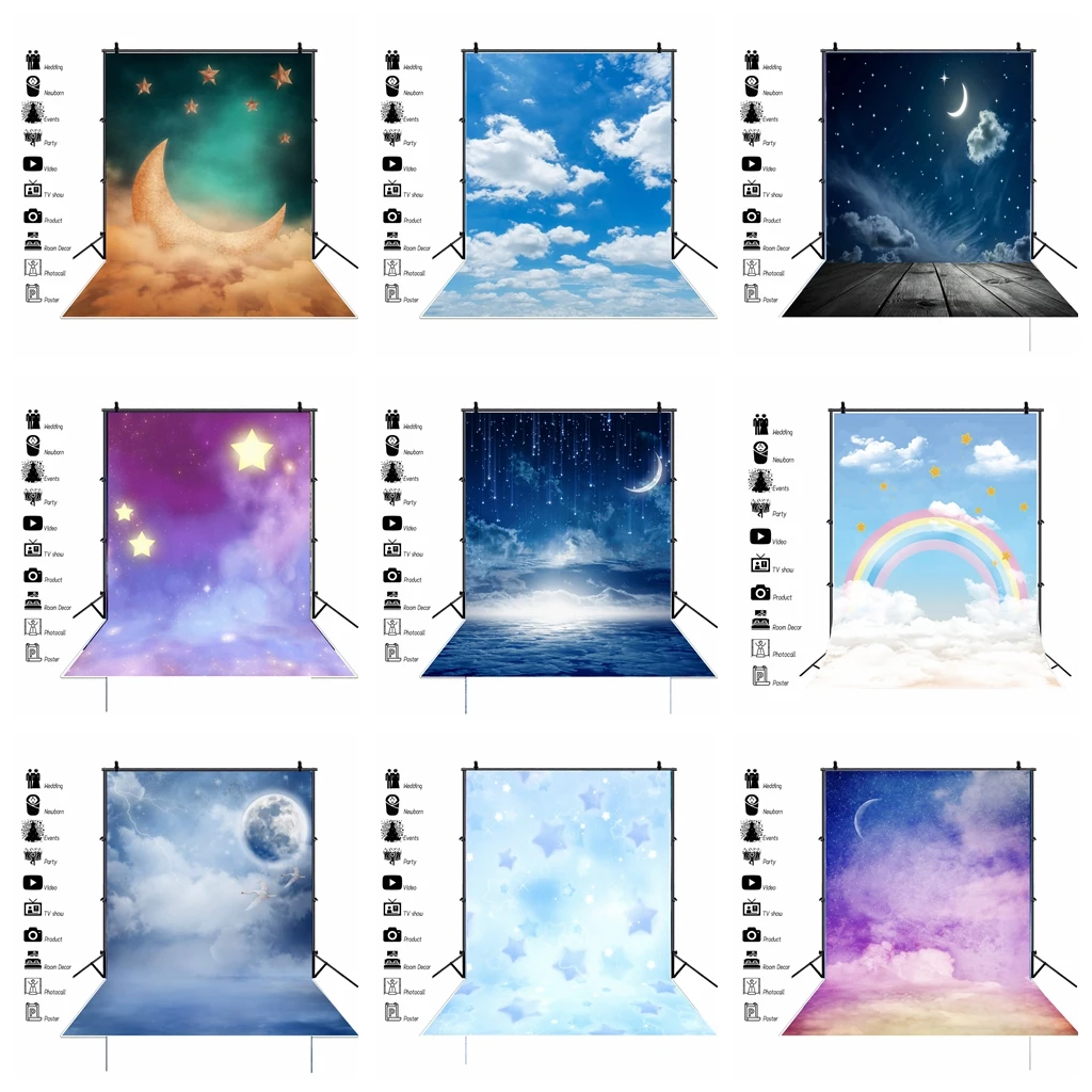 White Cloud Moon Night Baby Birthday Wooden Floor Backdrops Newborn Portrait Photo Backgrounds Baby Shower Photophone photo backdrop