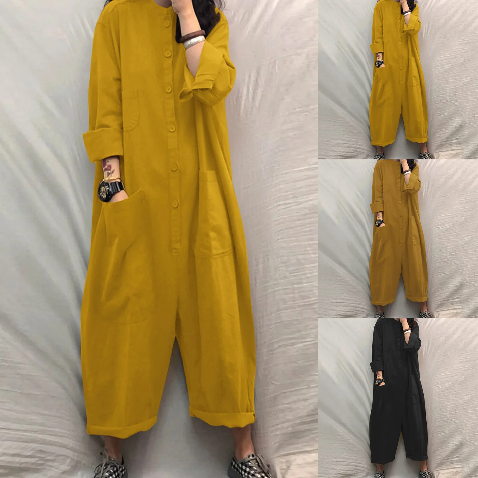 

Solid Simple Pockets Jumpsuit, Casual Stand Collar Button Front Long Sleeve Long Length Jumpsuit, Women's Clothing Oversalls