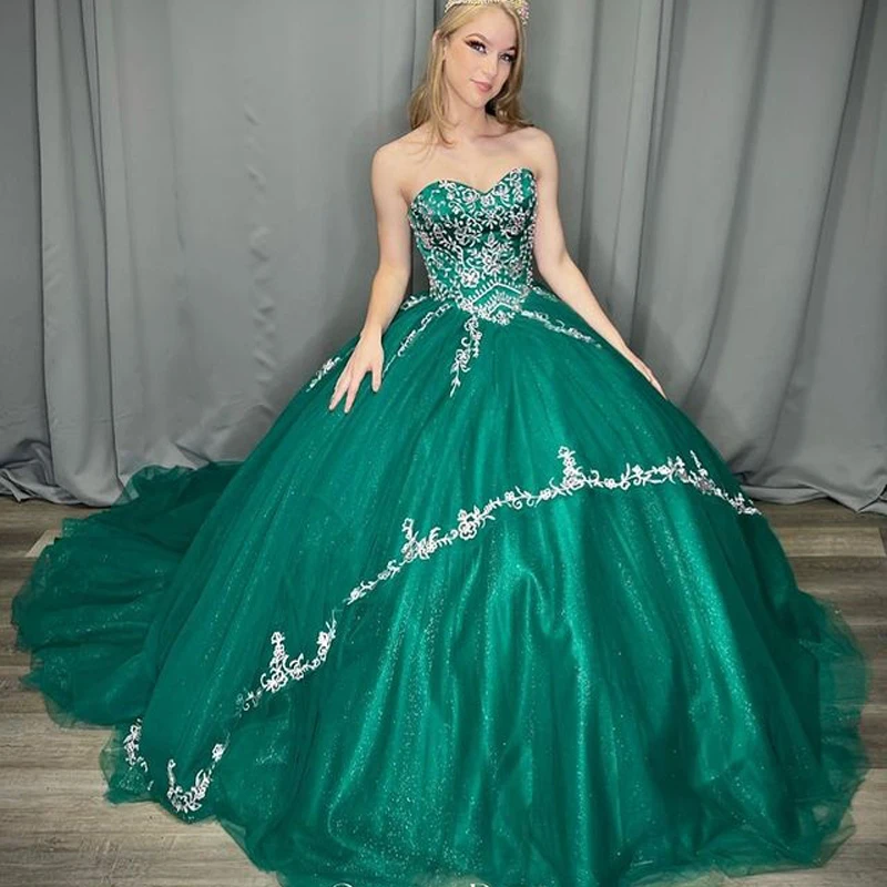 

Emerald Green Bling Ball Gown Sweetheart Quinceanera Dresses 15 Years Sexy Off-Shoulder Applique Lace Formal Princess Birthday
