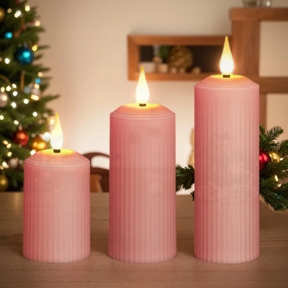 3Pcs LED Candles Timer USB Rechargeable Flickering Electric Pillar Candles with USB Cable Indoor Outdoor Electronic Pink Candles