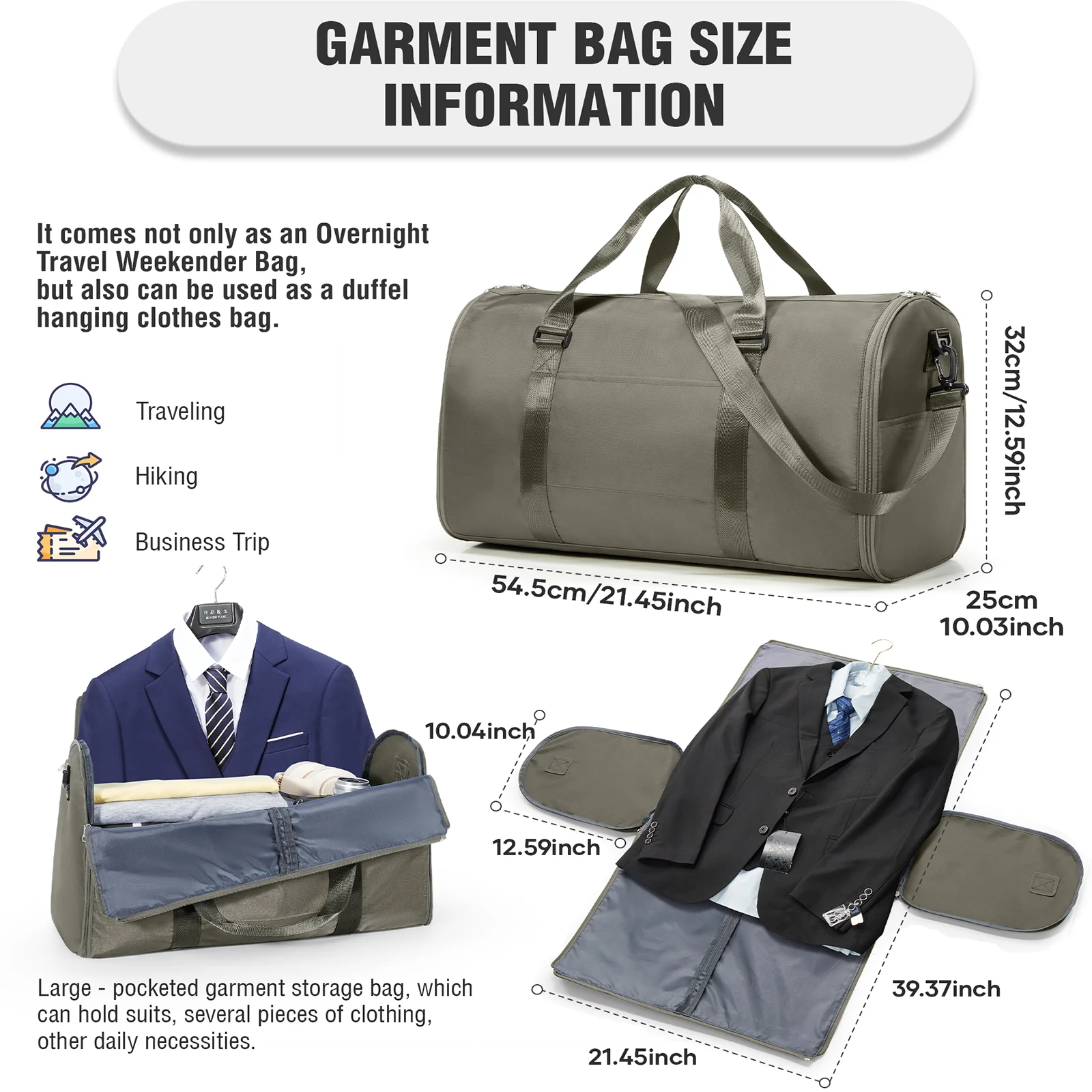 Men's Women Suit Garment Bag Large Capacity Suit Holders Travel Bag Convertible Bag, Clothing Storage Bag, Handbag Crossbody Bag