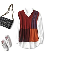 

New 2022 2 Piece Set White Shirt+knitted Vest Turn-down Collar Casual Free Shipping Items Clothes for Women Top spring