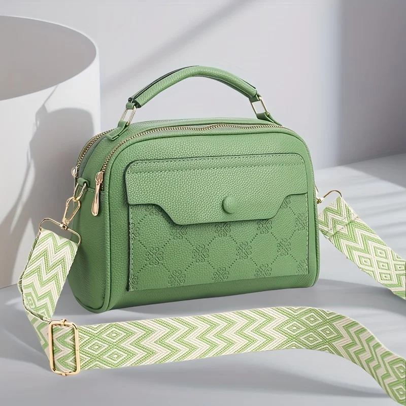 Women's Synthetic Leather Messenger Bag with Detachable Strap, Multi Layer Compartments, Chic Crossbody Purse for School, Travel