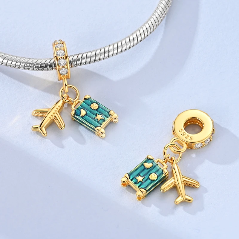 925er Sterlingsilber Gold-Serie Charms Flugzeug Pferd Welpe Elefant Perlen Anhänger passend für Originalarmband DIY Schmuck Geschenk für Frauen – Detail 5