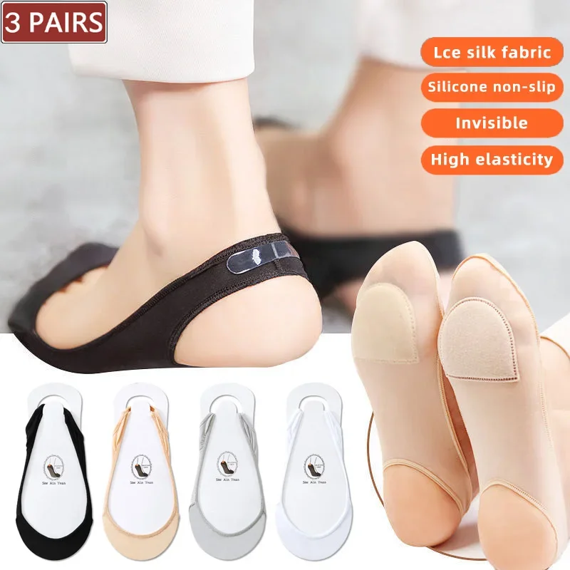 Woman Socks 3 Pairs Invisible Boat Socks Women Summer Silicone Non-Slip for High Heels Shoes Ice Silk Thin Half-Palm Suspender Sock
