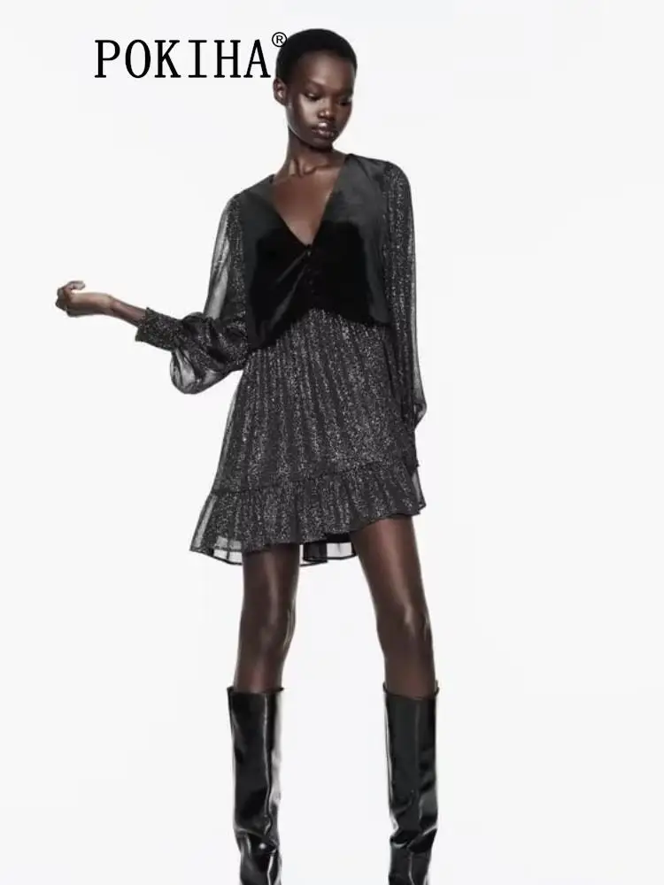 

Модное женское элегантное бархатное мини-платье Pokiha с принтом, винтажные женские платья с V-образным вырезом и длинным рукавом, шикарные платья для женщин