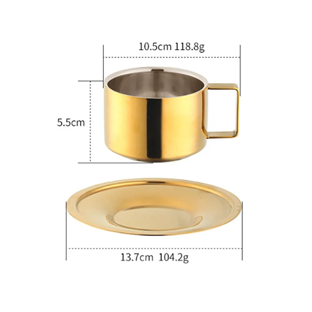 금속 커피 머그 스테인리스 스틸 커피 컵 골드 6.8oz/200ml 에스프레소 컵 세련된 디자인 휴대용 컵과 받침 세트 가정용