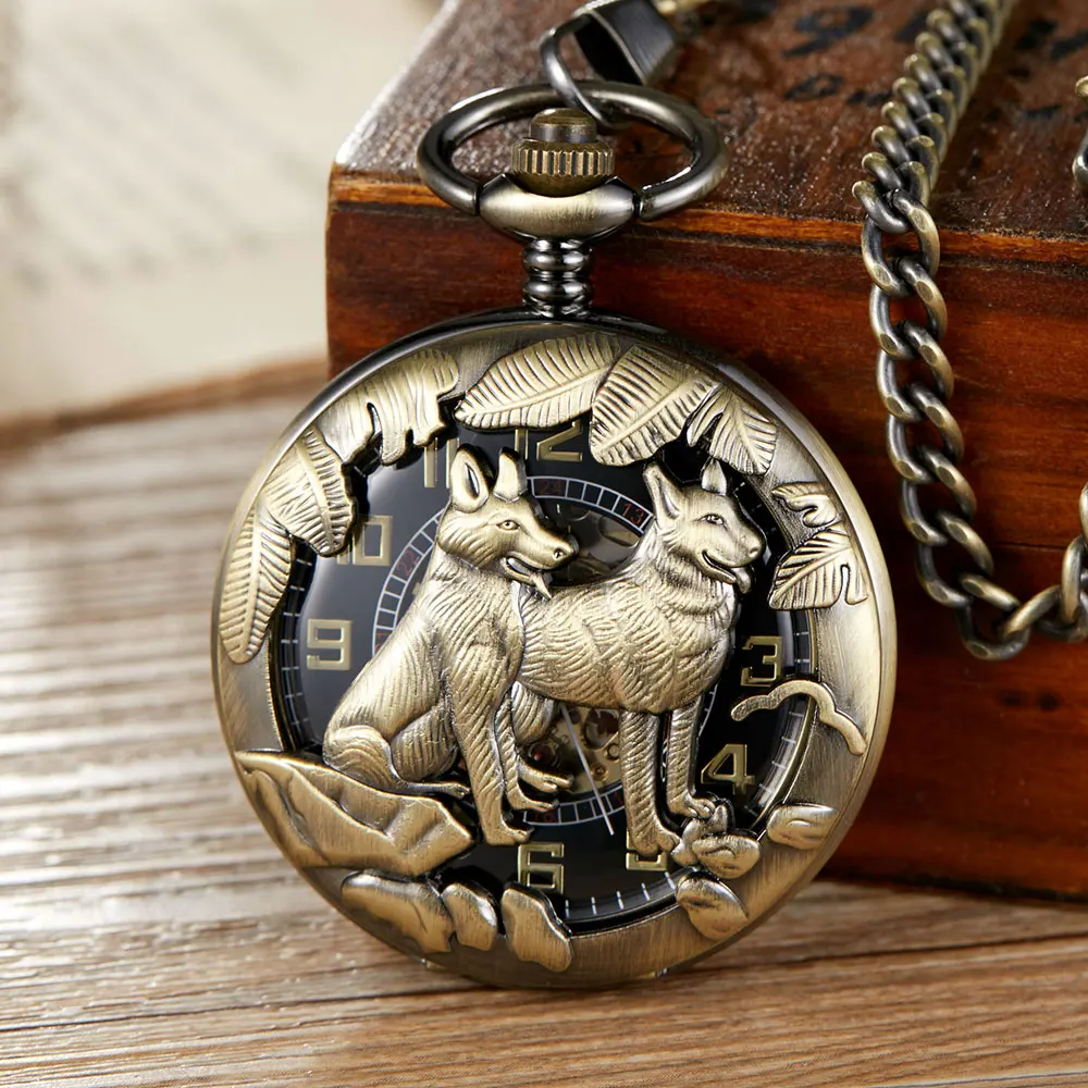 Vintage Hollow Deer Wolf Horse Skeleton Mechanical Pocket Watch Double Open Animal Cover Fob Chain Men Steampunk Pendant Gifts