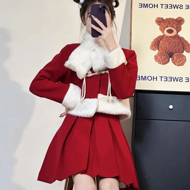 

Christmas Plush Jacket Pleated Skirt Two-piece Set Women Korean Woolen Patchwork Soft Glutinous Sweet Slim Winter Festival Suit