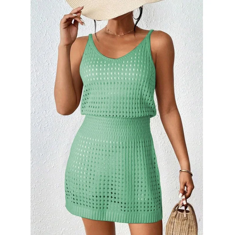 Women Summer Beach Dresses Crochet Hollow Out Knitted Bikini Swimsuits Swimming Cover Ups Dress