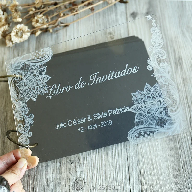 Engraved lace with names wedding guestbook,clear acrylic Wedding Mr&Mrs guest book, personalised sign in album