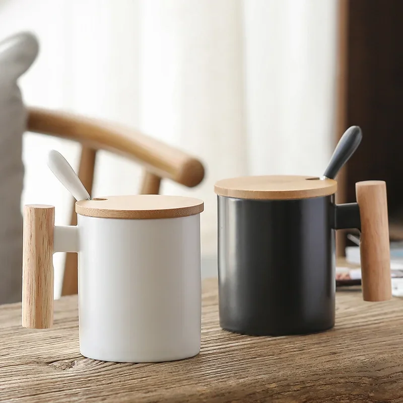 Ceramic Water Cup with Wooden Handle and Lid
