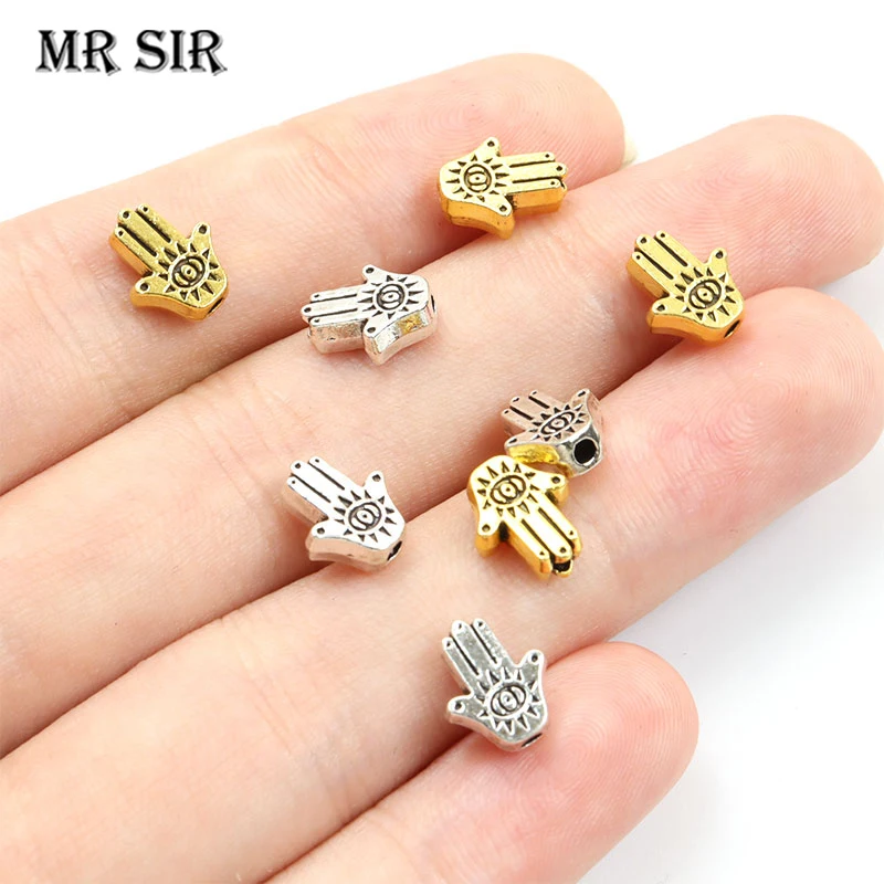 

50pcs Fatima Hamsa Hand Spacer Alloy Beads Lucky Turkish Evil Eye Loose Metal Bead Antique Gold/Silver Color Jewelry Accessories