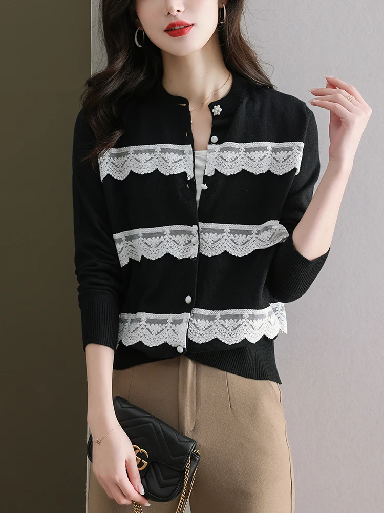 

Lace Patchwork Sweater Women New Spring Autumn Long Sleeve Sweater Cardigan Knitwear O Neck Single Breasted Cardigans