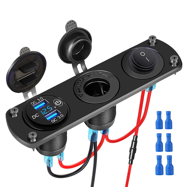 USB Outlet Panel 3 in 1 Cigarette Lighter Socket Quick Charge 3.0 with Dual USB Socket LED Voltage Display Toggle Switch