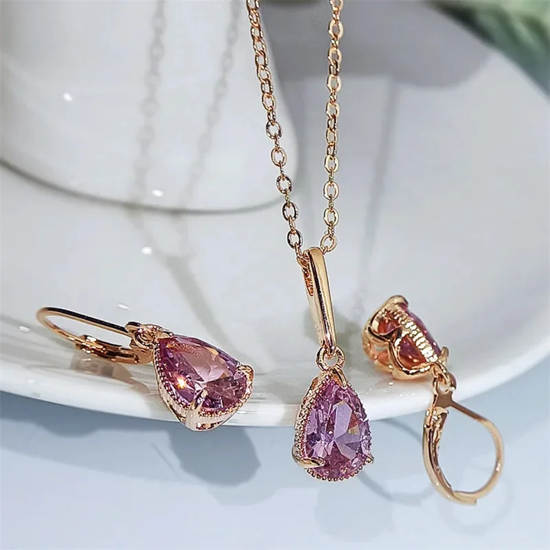 CC Chain Pendant Necklace For Women Rose Gold Plated Water Drop Pink Cubic Zircon Stone pendant necklace gold necklace