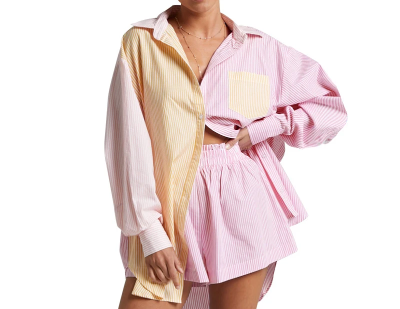 Women's Single Breasted Color Matching Long Sleeved Shirt Top Two-piece Fashion Casual Short Suit Female Office Shorts Set Lady