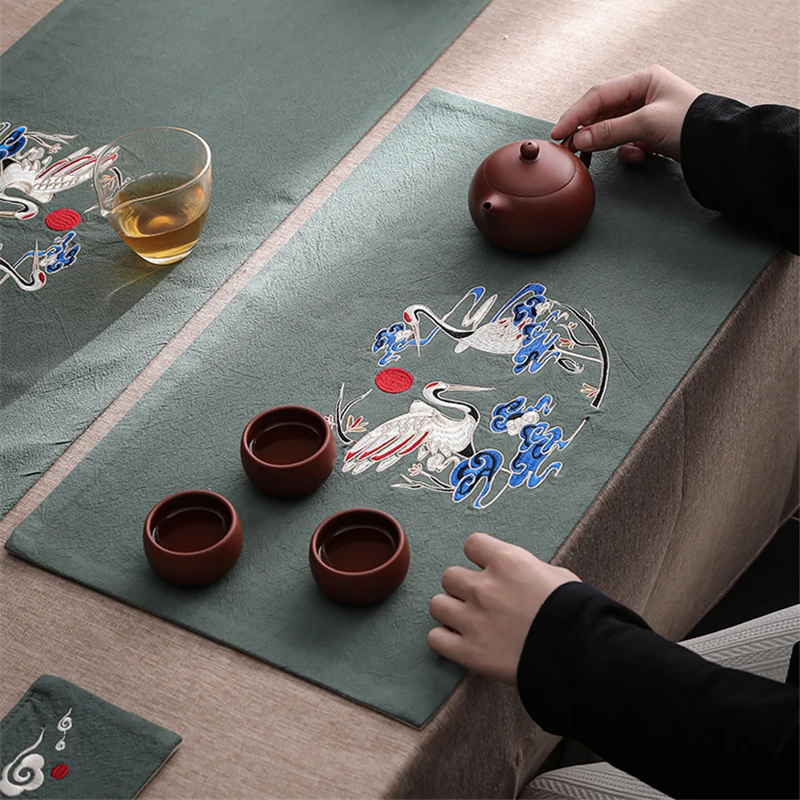 

Embroidered Table Runner Plum Tea Mat Chinese Tea Ceremony Accessories Tablecloth Crane Coffeetable Decorative Cloth Tablemat