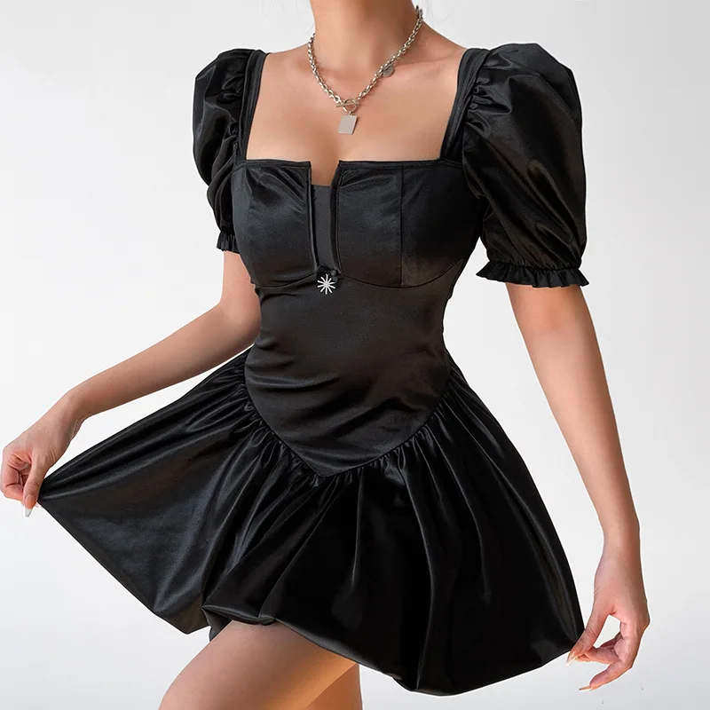 Vestido de Festa Weiyao Cetim Mini Vestidos Femininos Espartilhos Gola Quadrada Sexy Preto Plissado Puff Manga Chic Clubwear Bodycon 5 Computers & Electronics