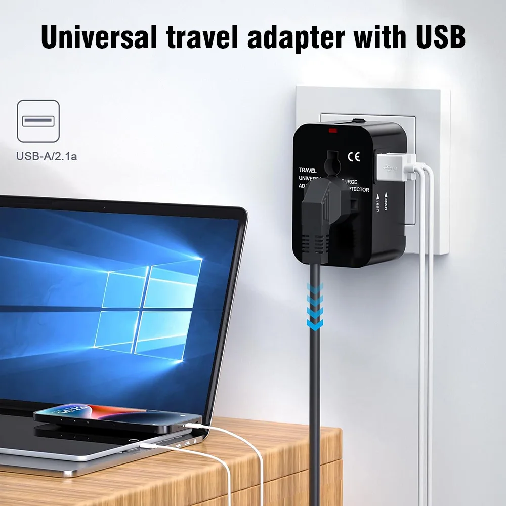 International Travel Adapter with 2 USB Ports All-in-One Travel Charger Power Adapter EU/UK/USA/AUS Plug for