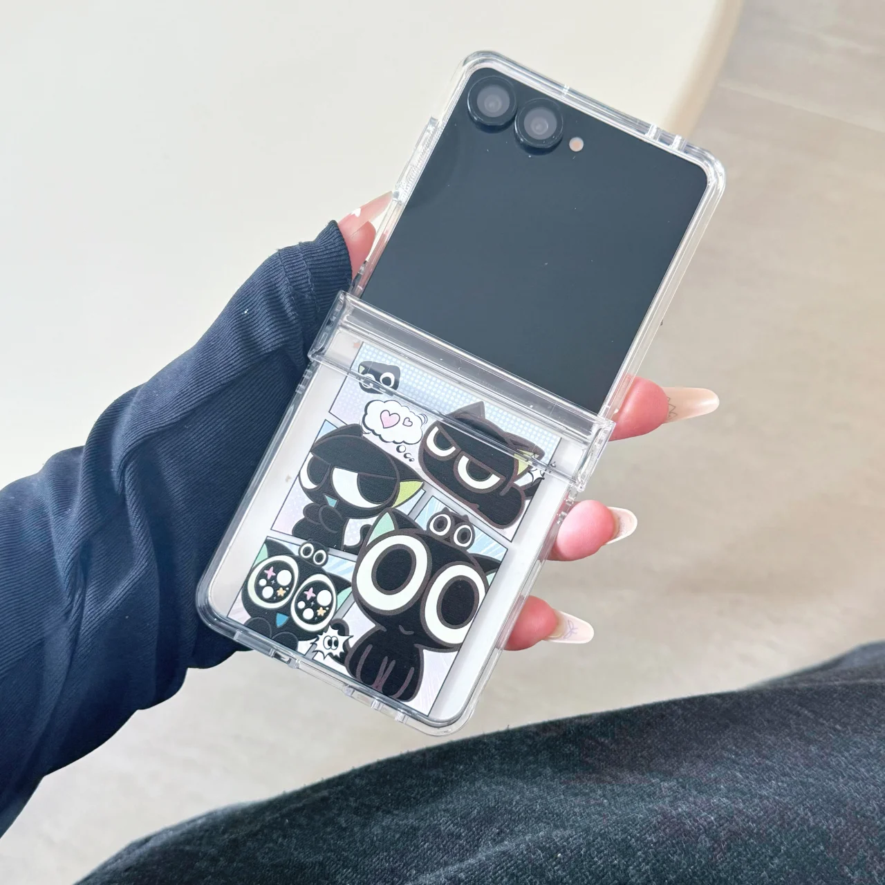 Black Kitten Cartoon Shockproof Phone Case with Rope Strap and Cat Pendant