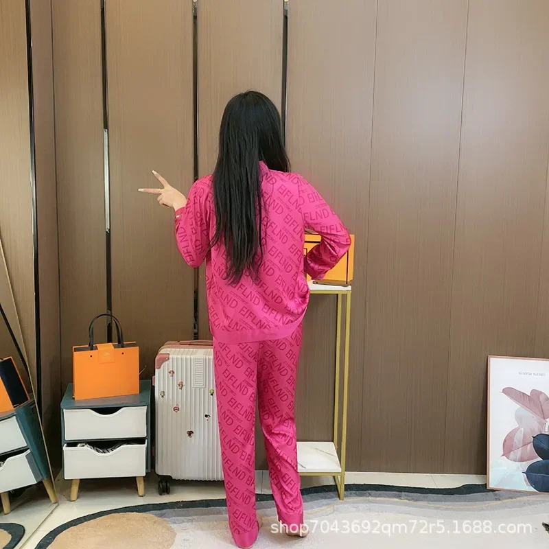 Spring Summer Women Ice Silk Pajama Set Long Sleeve Top Trousers Thin Korean Fashion Tracksuit Printing Pajamas for Women New