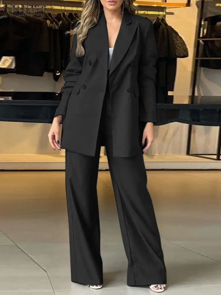 ZANZEA 2PCS Elegant Lapel Neck Long Sleeve Blazer Suits Fashion Autumn Outifit Women OL Work Tracksuit Solid Wide Leg Pants Sets 3