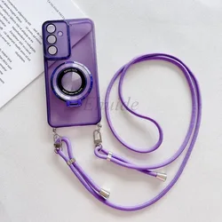 Dual Buckle Adjustable Strap Lanyard Case with Clear Magnetic Wireless Stand Cover - iPhone 15 (Purple)