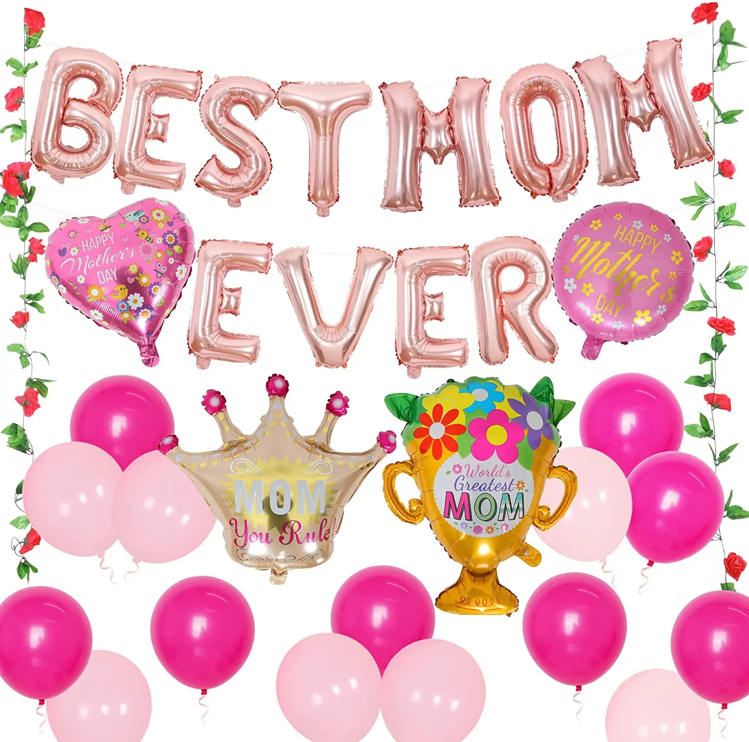 

Cheereveal Happy Mothers’ Day Balloon Set Rose Gold Best Mom Ever Heart Balloons for Mother Birthday Family Party Decorations