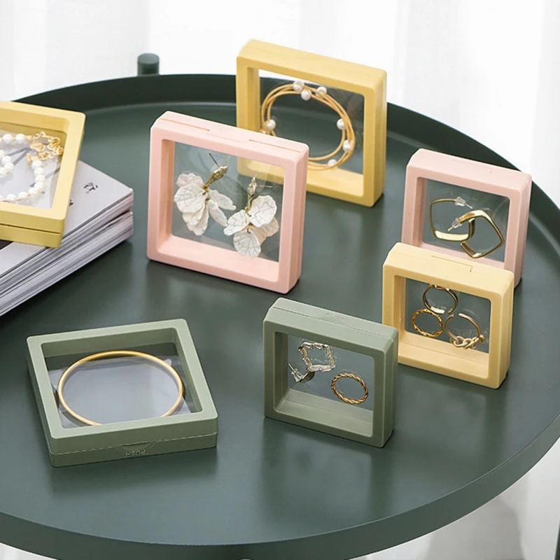 

Plastic Jewelry Box 3D Suspended Floating Display Case Earring Coin Gems Ring Jewelry Storage Pet Membrane Stand Holder Box