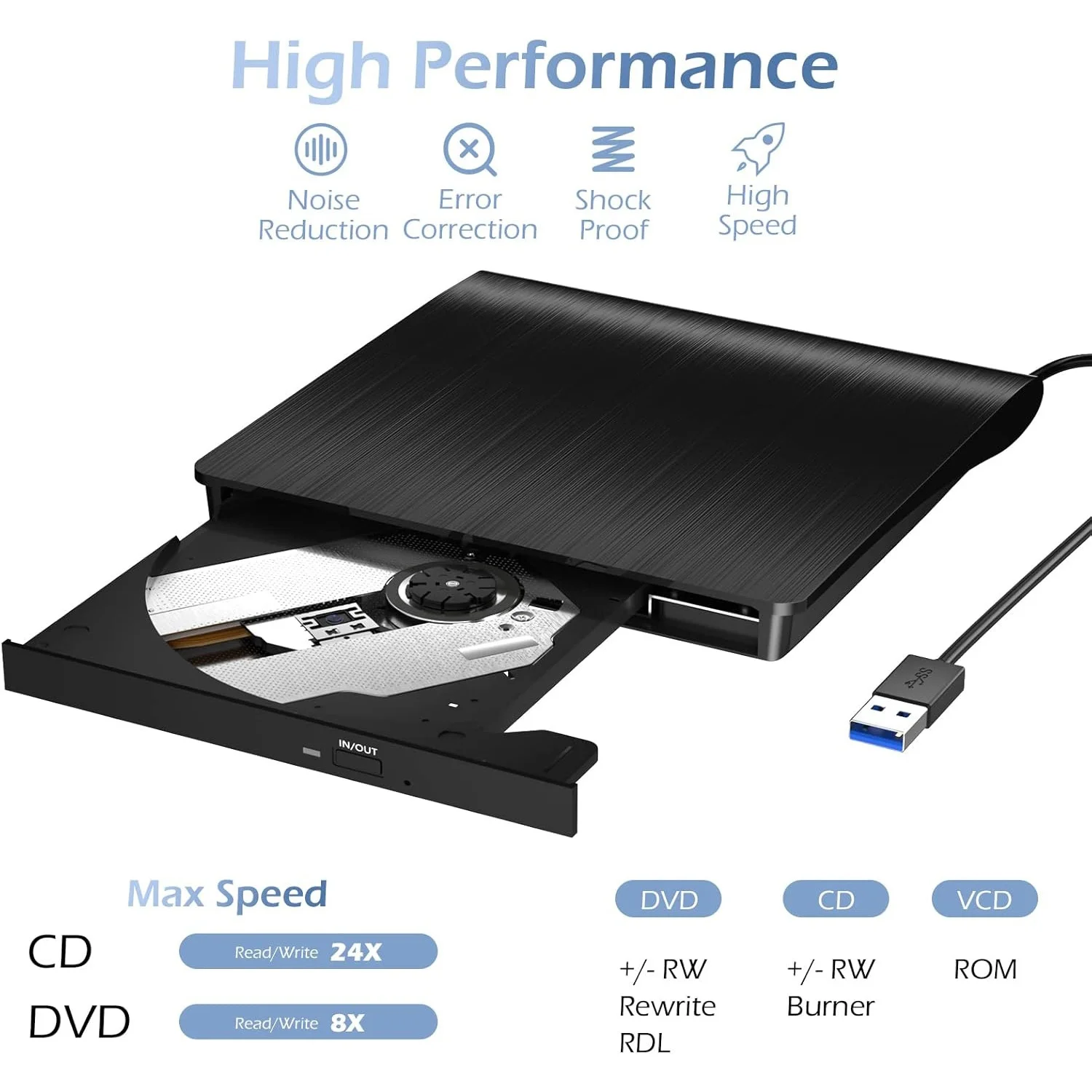 외장 CD/DVD 드라이브, USB 3.0 CD DVD 플레이어 휴대용 +/-RW 버너 CD ROM 리더 라이터 디스크 복제기 (노트북 데스크탑 PC용)