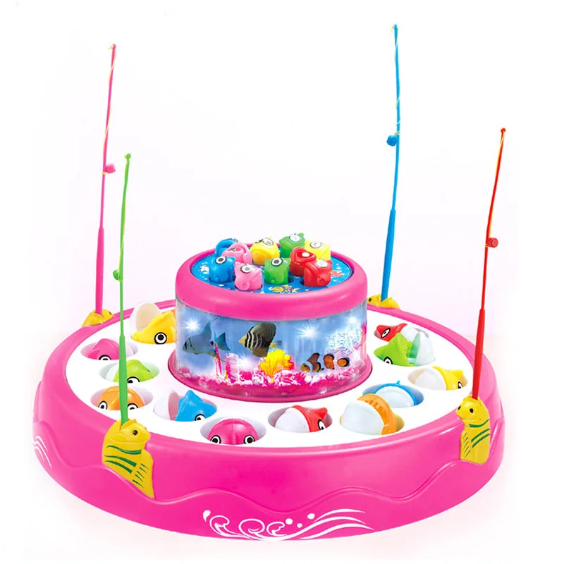 Children Lighting Music Fishing Board Toy Double Layer Electric Rotating  Fish Tools Set Toys Multiplayer Table Game Fishing Pond