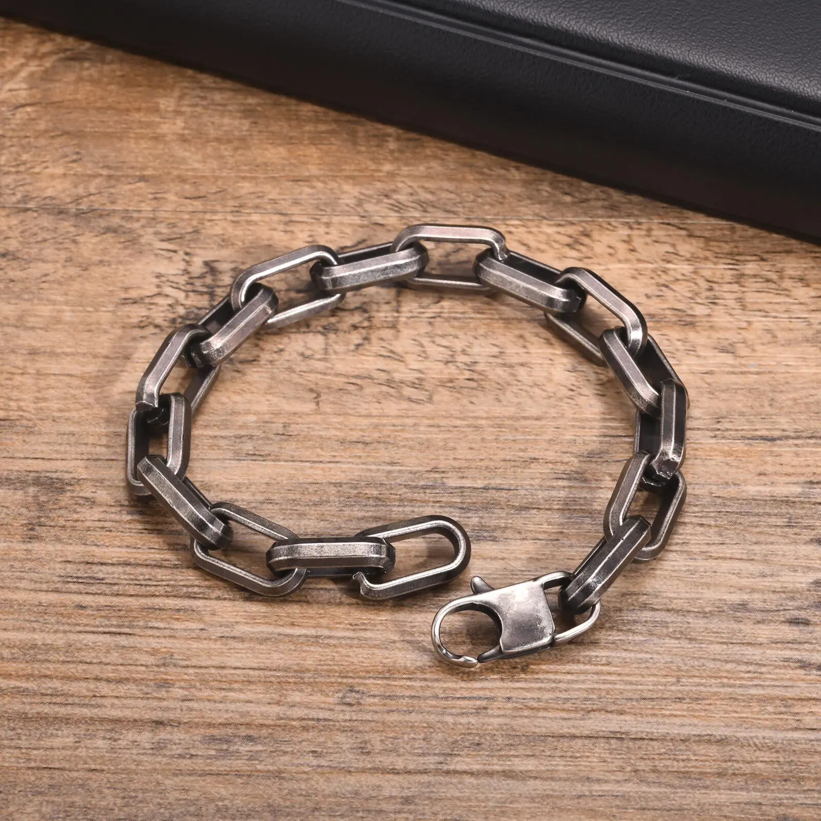 Vnox Punk Heavy Rectangular Link Chain Bracelets for Men Teens Boys Vintage Oxidized Paperclip Chain Wristband Chunky Jewelry