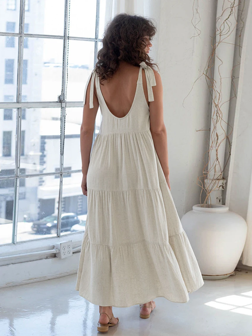 Mathaqiqi Summer Ladies Home Clothes Sexy O-Neck Sleepwear Lace Up Nightwear Backless Pajama Ankle-Length Dress Female Nightgown